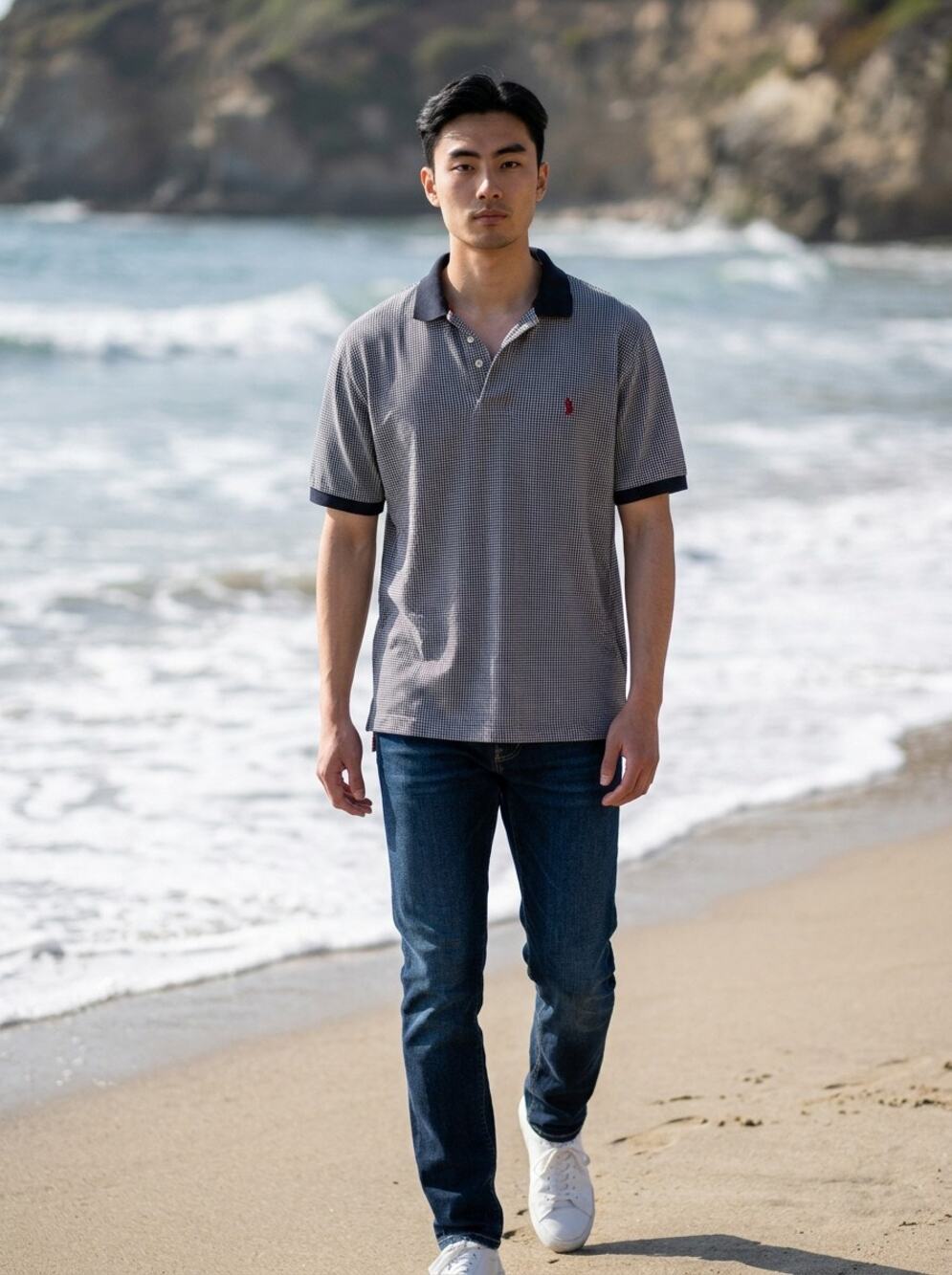 Nautica Gingham Polo Shirt M Navy White Classic Fit Cotton